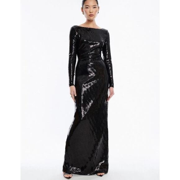 BCBG Maxazria NWT Sz S Sheridan Backless Sequin Black Long Dress Gown Longsleeve - Picture 1 of 9